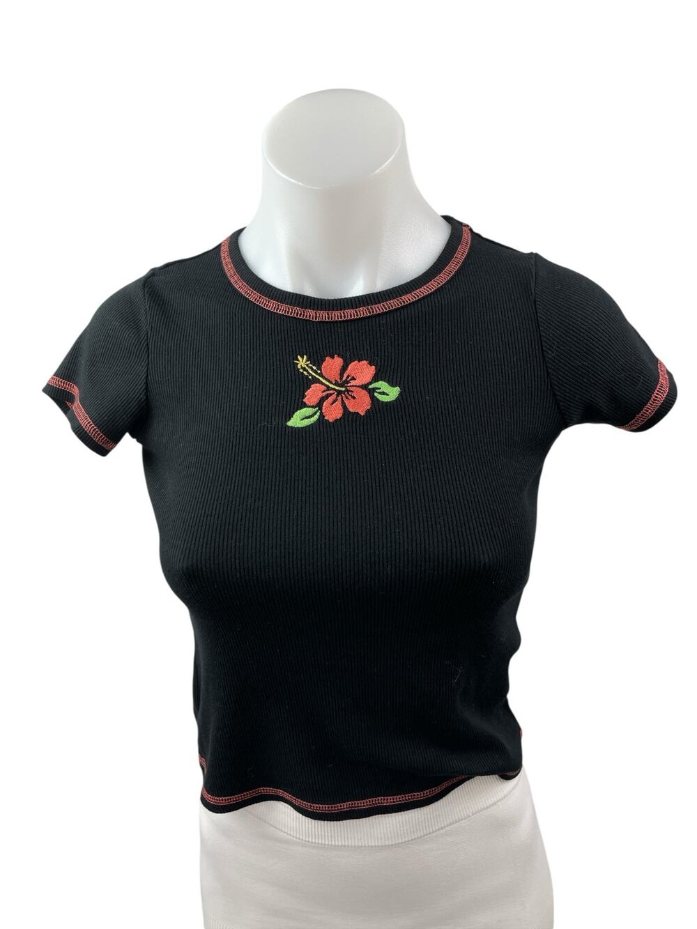 Art Class Hibiscus Embroidery Black Ribbed Crop Crew Neck Baby Tee T-Shirt Top L